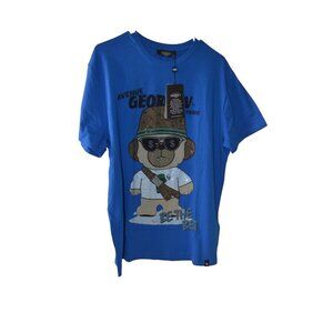 Avenue George V Paris T-Shirt GV Teddy Bear Rhinestone Men's Blue Fitted Tee 2XL